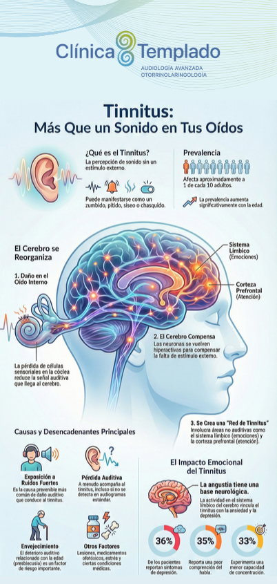 Infografía sobre el tinnitus y su relación con el sistema auditivo y el cerebro, elaborada por Clínica Templado en el marco de la Semana de Concienciación sobre el Tinnitus.