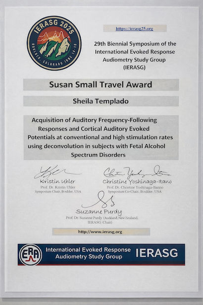 Certificado del Susan Small Travel Award otorgado a Sheila Templado por la International Evoked Response Audiometry Study Group